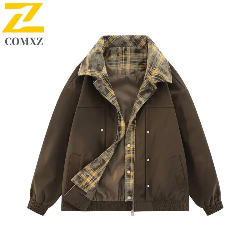 

COMXZ 2025 Men Fake Two Piece Jacket American Style Casual Sport Loose Fit Windproof Coat Youth Fashion Trendy