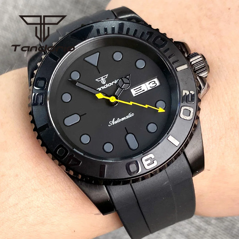 Tandorio NH36A Black PVD 40mm Automatic Men\'s Watch Week Date Display Rotating Bezel Sapphire Glass Yellow Flash Second Rubber