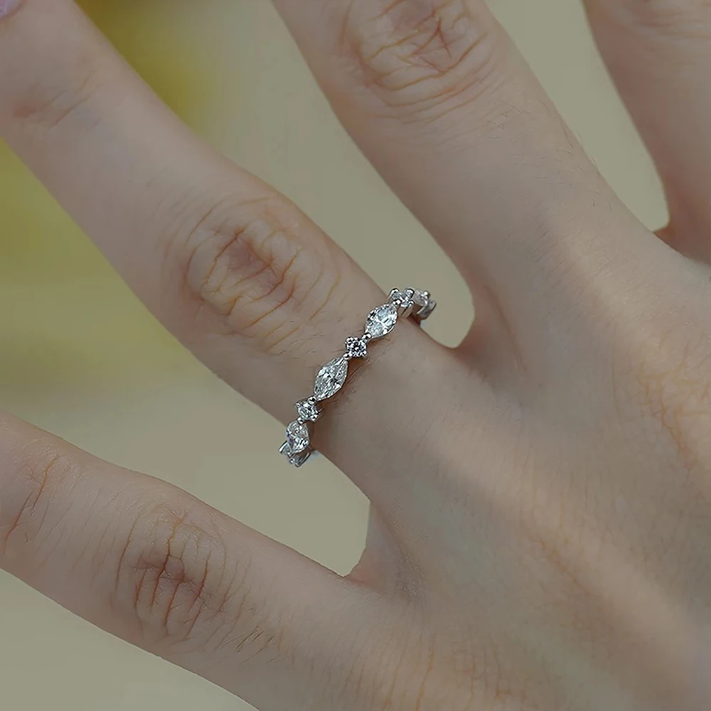 Round Marquise Cut Moissanite Diamond Wedding Rings Half/Full Eternity Band 925 Sterling Silver Stackable Ring for Women Bridal