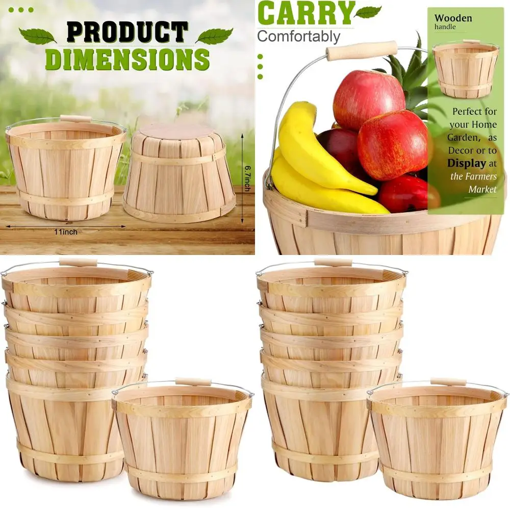 

Large Round Wooden Baskets Set of 6, 6.7 Diameter, Handcrafted with Handles, Ideal for Farmers Market, Indoor/Outdoor Use