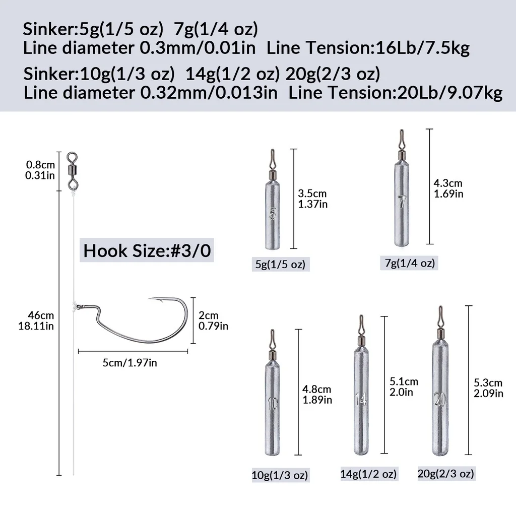 5pcs Drop Shot Rig with Offset Hook 1/0 3/0  Fishing Hook Fishing Sinker/weight  Fishing Bead Fishing Line Rig Kit