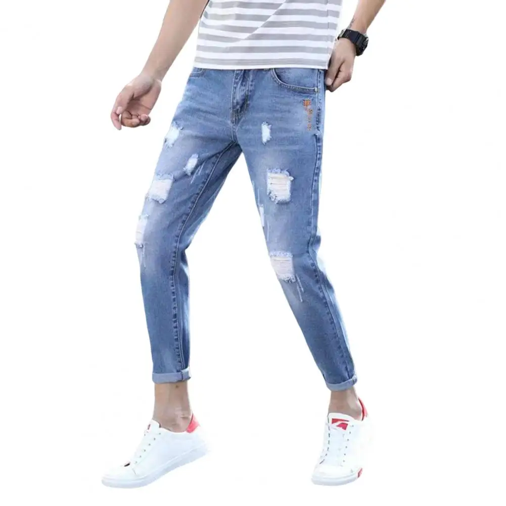 Denim Trousers Korean Style Mid-rise Button Zipper Fly Pockets Men Jeans Ripped Holes Slim Fit Denim Pants Streetwear