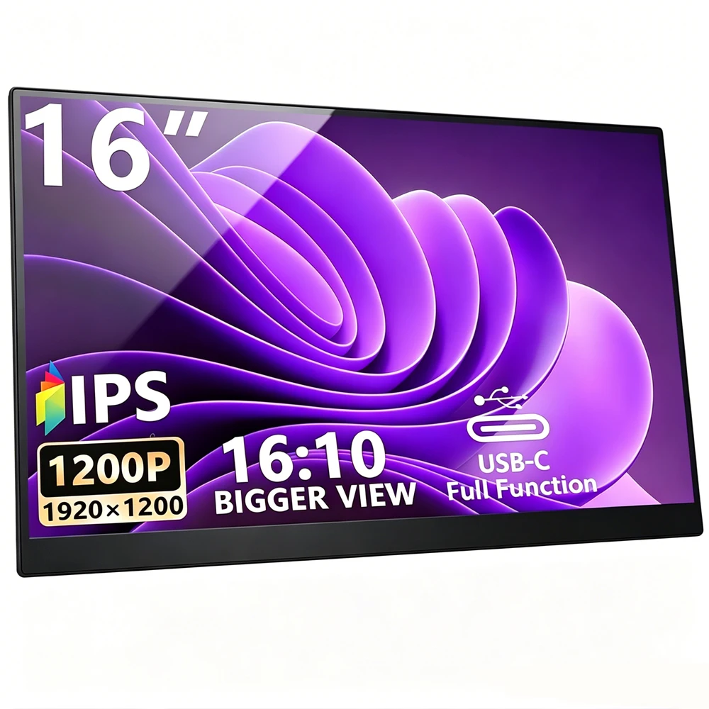 16 Inch Portable Monitor 16:10 1920*1200 IPS USB-C External Travel Screen for Laptop Macbook Phone PS3/4/5 Xbox