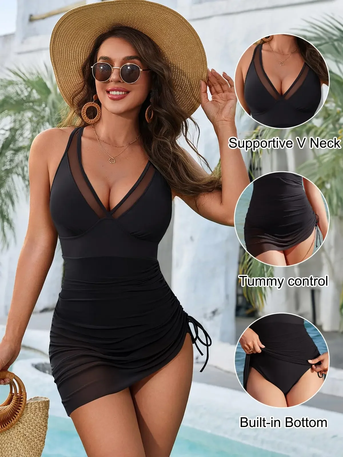 Femmes une pièce robe de bain col en V ventre contrôle maillots de bain minceur maille pure Sarong froncé enveloppes maillot de bain