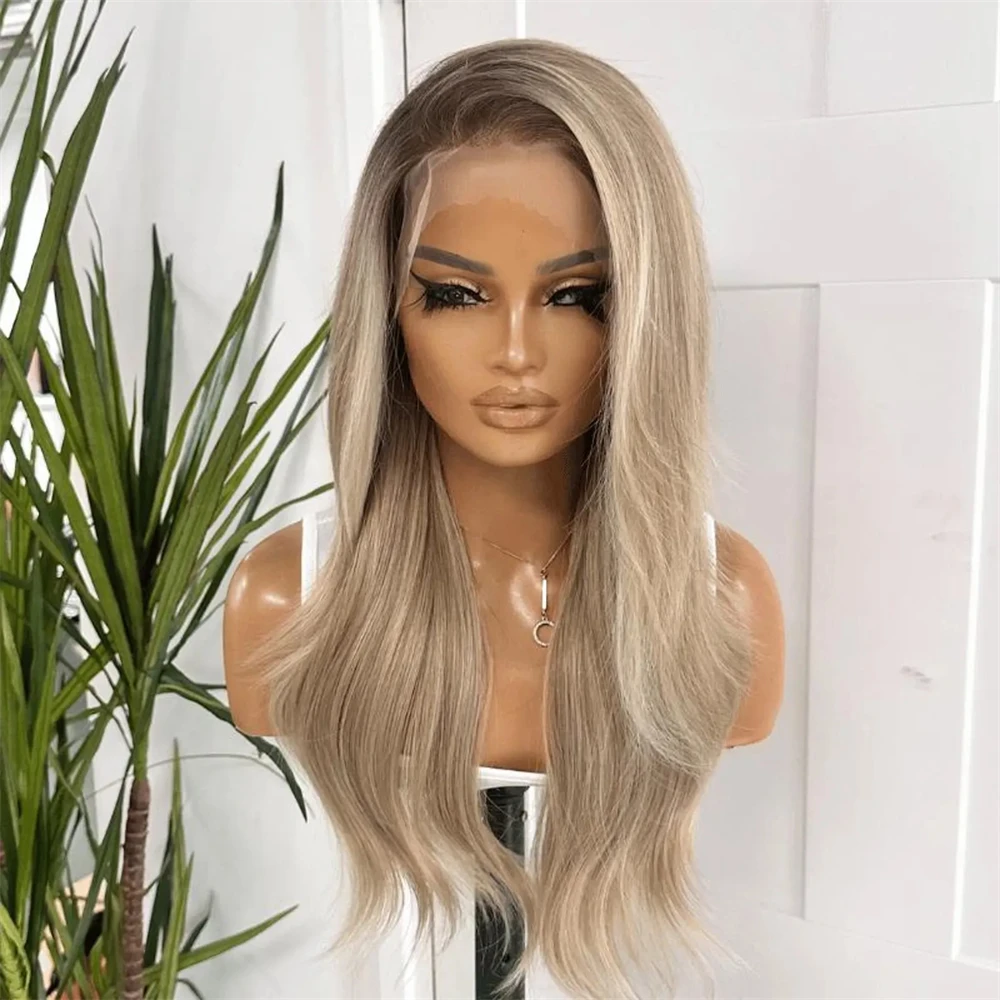 Party Cosplay Wigs 13x4 Ombre Ash Blonde Highlights Synthetic Lace Front Wig Blend Human Hair Soft Natural Wave Wig Glueless Wig