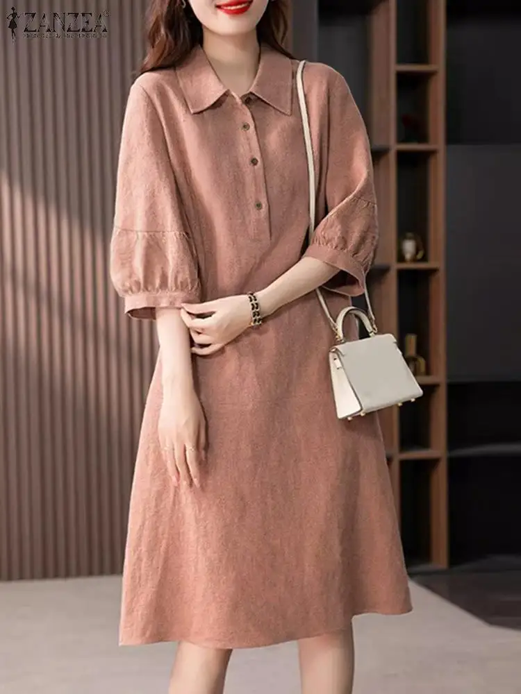 ZANZEA Women Cotton Shirt Dress 2024 Summer Lapel Neck Dresses Korean Office 3/4 Sleeve Midi Vestidos Elegant Solid Buttons Robe