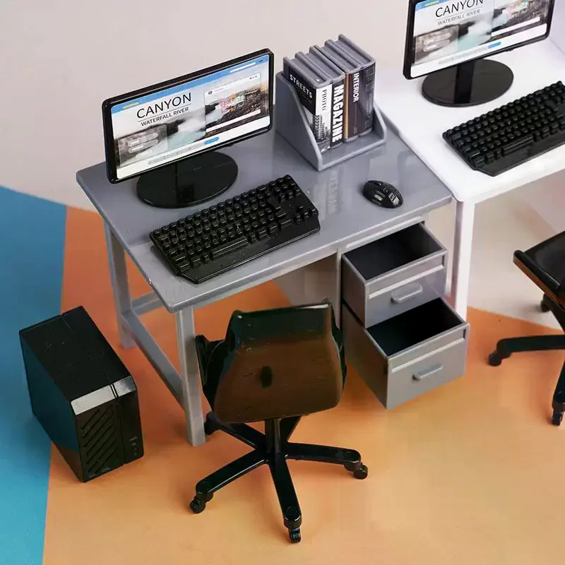 1 Set 1/12 Dollhouse Miniature Computer Keyboard Desk Chair Kit Home Study Room Furniture Decor Micro Scene Props