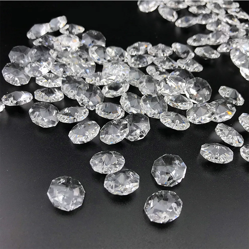 100pcs 14mm K9 Crystal Octagon Beads with Two Holes, Clear Glass Loose Beads for Jewelry Making, Strands DIY Craft Supplies (Who