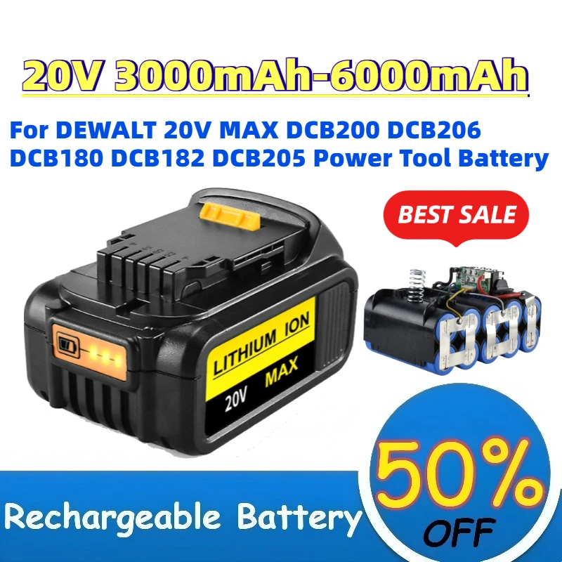 

High-Capacity 20V 3000-6000mAh Rechargeable Battery For DEWALT 20V MAX DCB200 DCB206 DCB180 DCB182 DCB205 Power Tool Battery