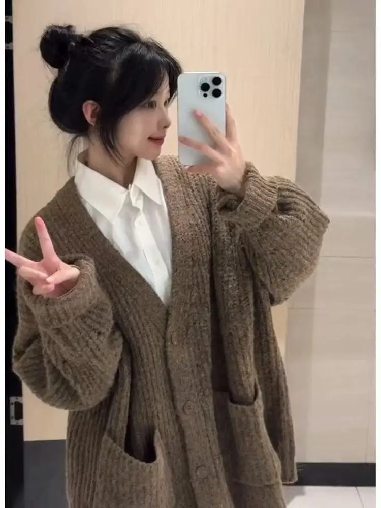 

Мягкий женский вязаный свитер Thiened Lazy Sle, пальто, свободная верхняя одежда, осенне-зимний модный топ на пуговицах с воротником