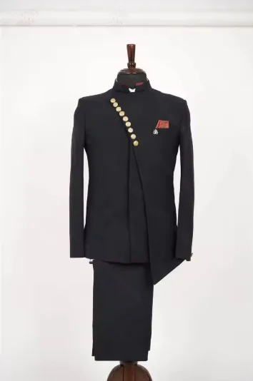 

Men Suits Black Stand Collar Single Breasted Buttons Wear Fashion Tuxedos Groom Party Wedding Formal Male Suit Two Piece