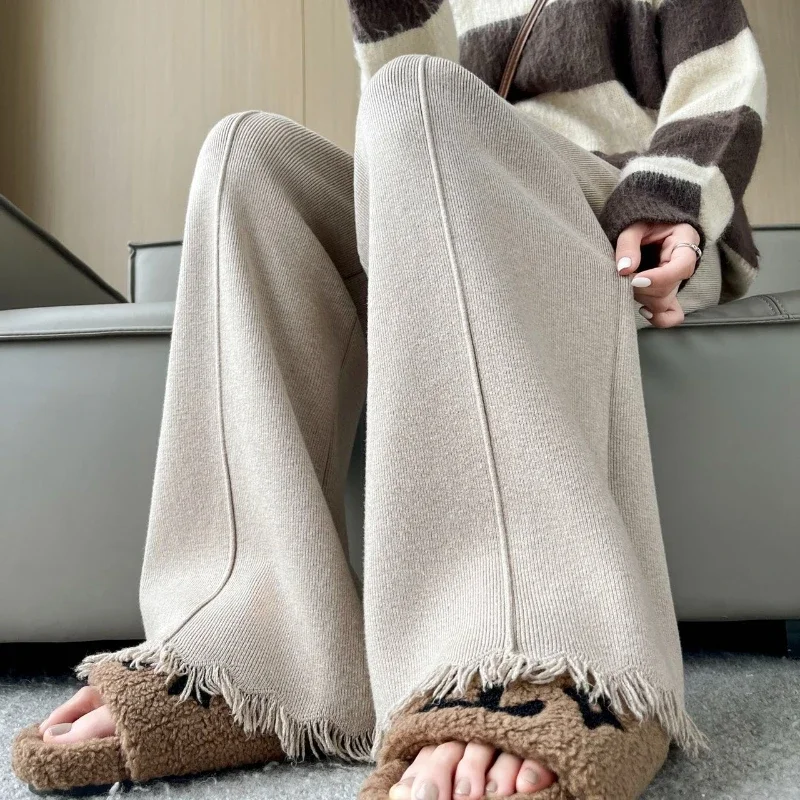 High Waist Thick Soft Tassel Women Wide Leg Pants Autumn Winter Drawstring Figure Flattering Draped Floor-length Casual Trousers