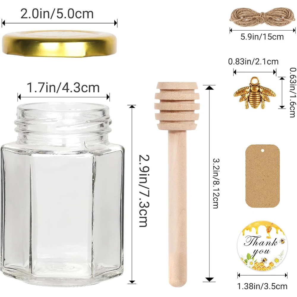 3 oz Mini Honey Jars with Dipper Glass Hexagon Honey Jar for Baby Shower, Empty Glass Jars for Wedding Favors and Party