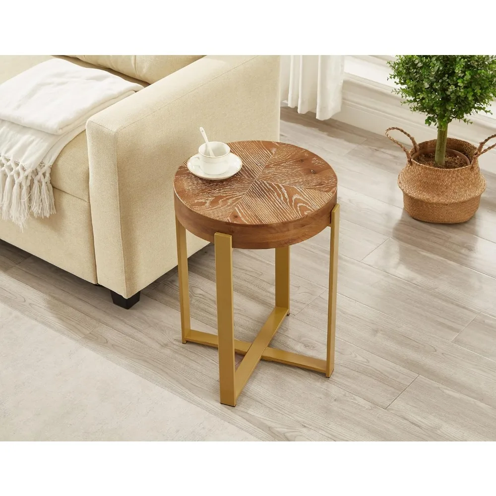 

Round Wood End Tables with Metal Leg, Farmhouse Circle End Table for Living Room, Rustic Mid-Century Wooden End Tables