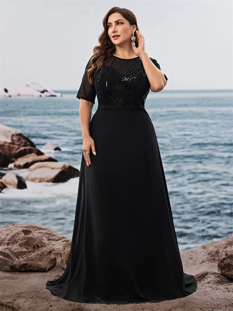 فساتين سهرة رسمية من Lucyinlove مقاس كبير أنيقة بأكمام قصيرة ترتر للنساء من الشيفون حورية البحر لوصيفة العروس فساتين ماكسي