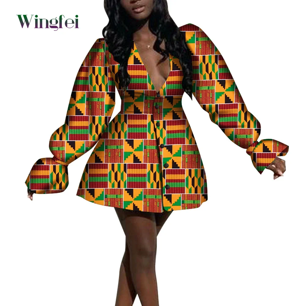African Women Ankara Print Coat Dresses V-neck Sexy Lady Dashiki Party Dresses Casual Long Sleeve Tops Trentch WY8268