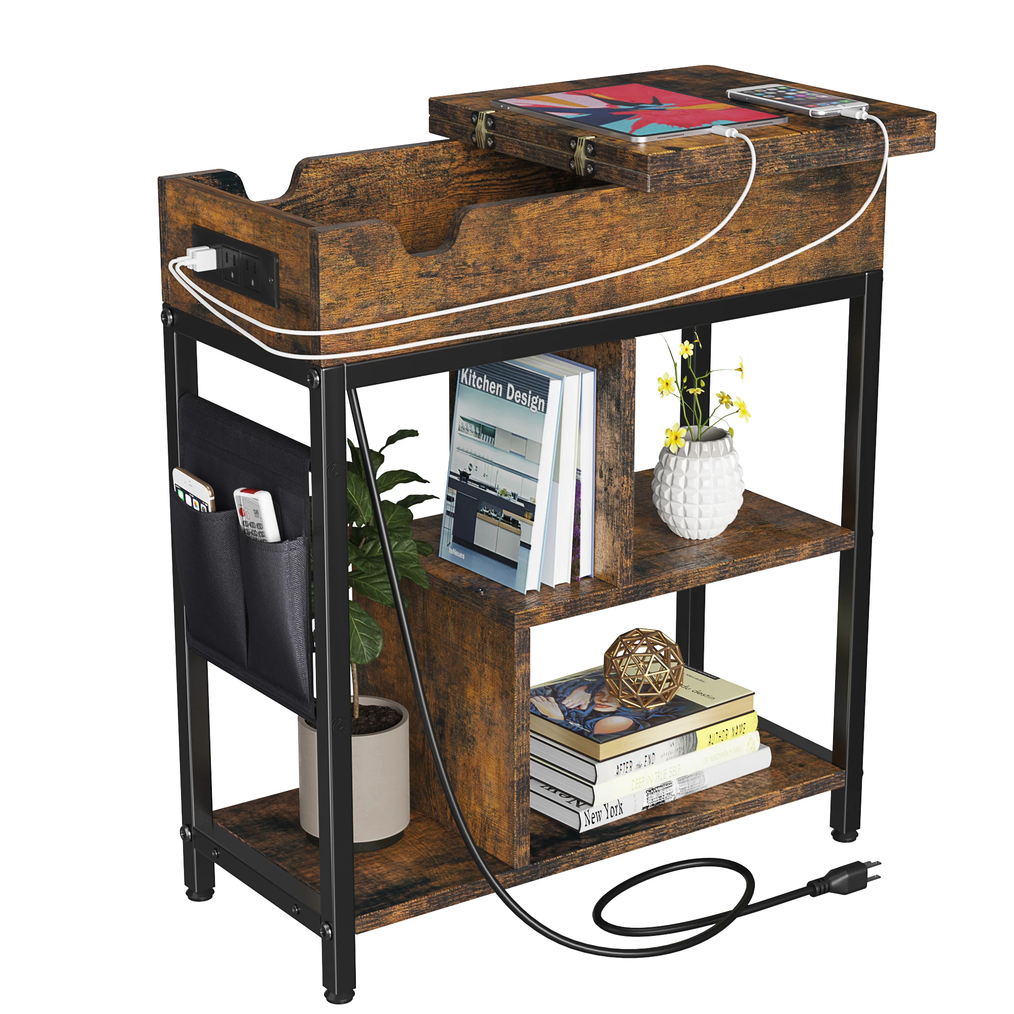 

End Table with Charging Station, Flip Top Narrow Side Table Nightstand with Outlets USB Ports and Storage, Bedside Table