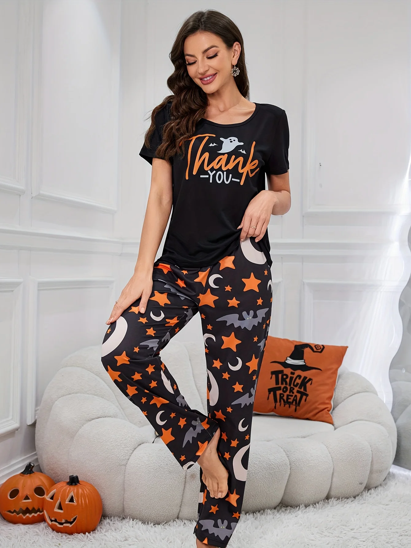 Halloween Limited Size Women's Summer Casual Cute Cartoon Printed Short-Sleeved Pants Pajama Set