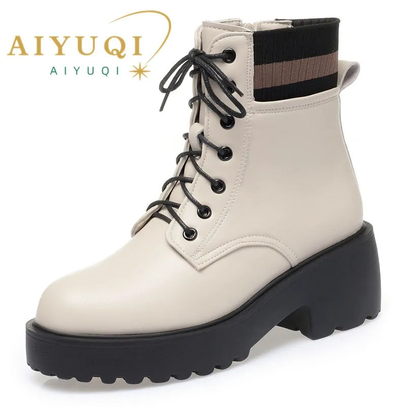 Aiyuqi botas de inverno femininas tamanho grande moda lã quente couro genuíno meias botas antiderrapantes botas curtas femininas