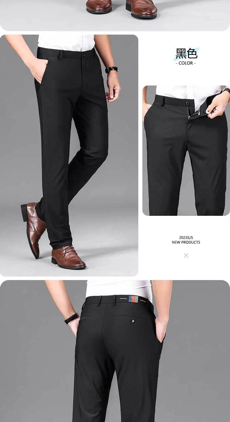 Spring Summer New Ice Silk Pant Men Business Casual Pants Breathable Elastic Slim Fit Drape Korean Fashion Men Trousers 3 Colors