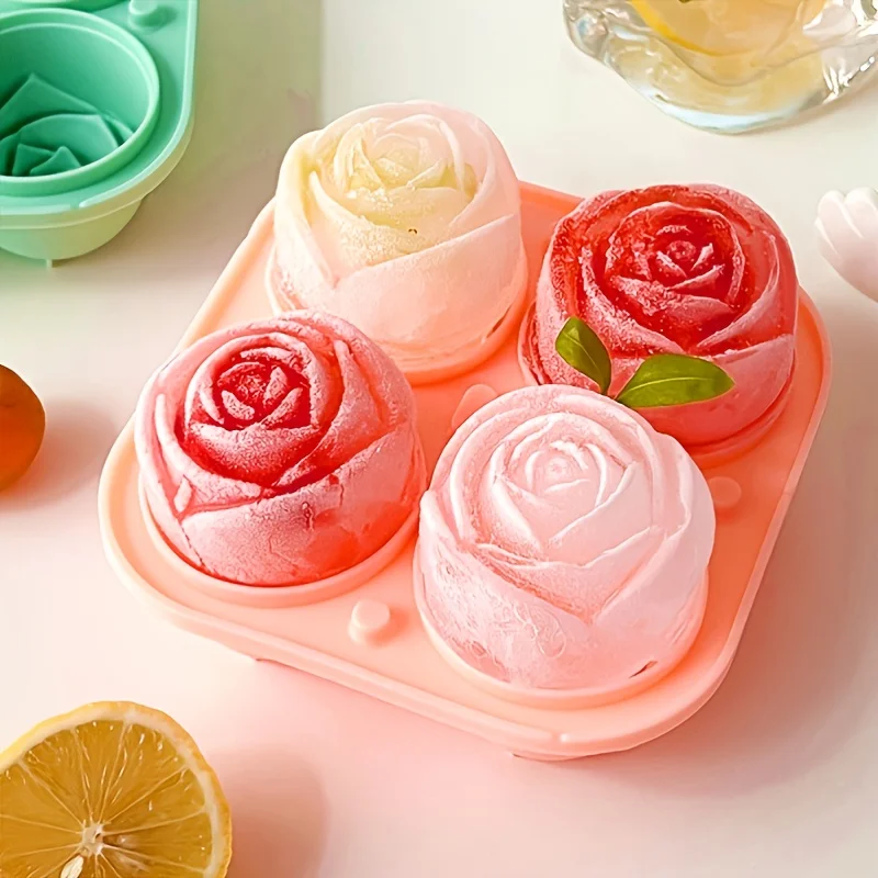 

1/2 Pcs 4-compartment Rose Ice Cube Mold, Home Ice Machine, Summer Supplies, Ice Storage Box 5.5" X 5.5"（Green/Pink）