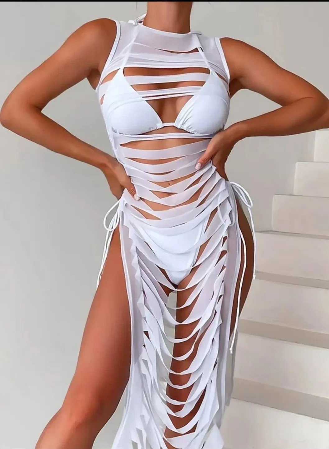 Trajes de baño de 3 piezas para mujer, bikini triangular halter blanco y negro, traje de baño brasileño con vestido maxi con cordón recortado