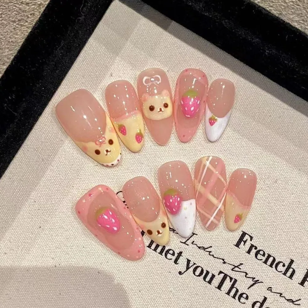 

10 Pieces Strawberry Bear Cute Cartoon Sweet Girl Handmade Press On Nails Kawaii Sweet Almond Art Fake Nails Reusable