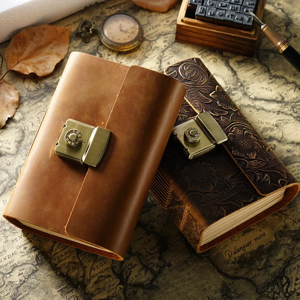 Genuine Leather A7 Size Sketchbook Lock Design Retro Diary Student Password Notebook Classic Handmade Creative Notepad Wholesale