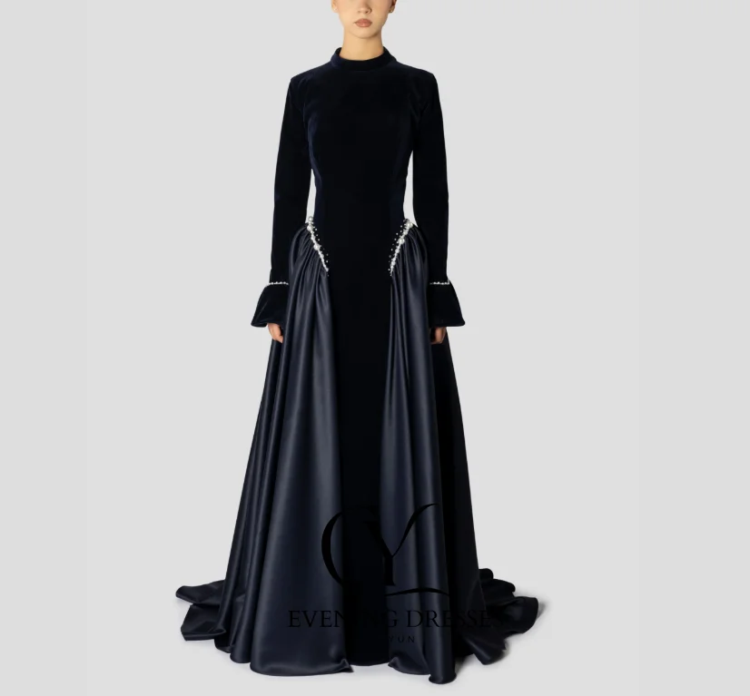 فساتين سهرة بأكمام طويلة وياقة عالية من CUYUN فساتين حفلة موسيقية طويلة مرقعة باللؤلؤ مخصصة لحفلات الزفاف الرسمية للضيوف