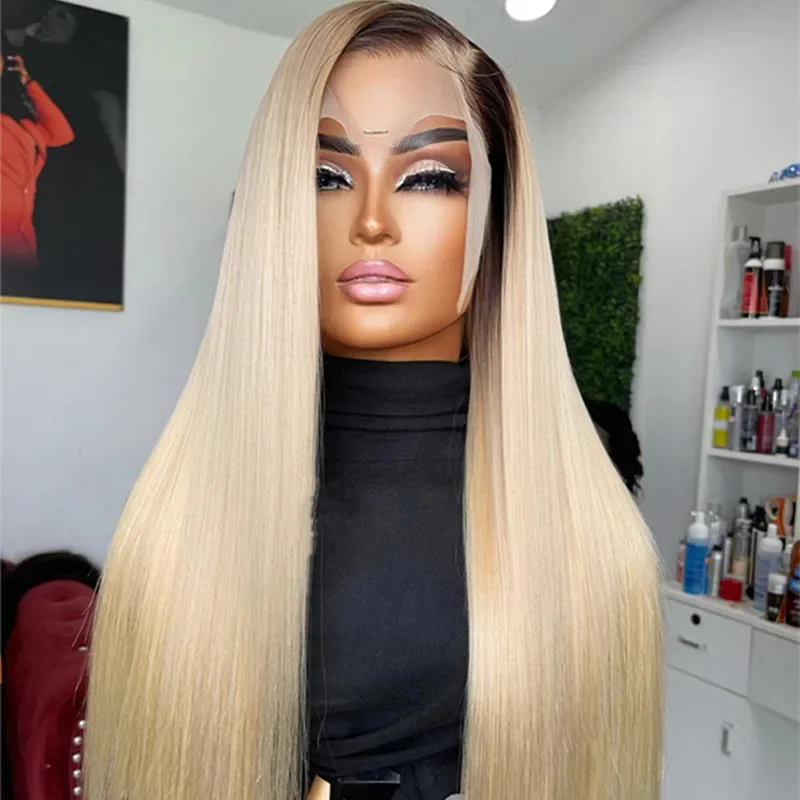 Soft 26Inch 180%Density Ombre Blonde 613 Straight Preplucked Glueless Lace Front Wig For Black Women Babyhair Heat Resistant