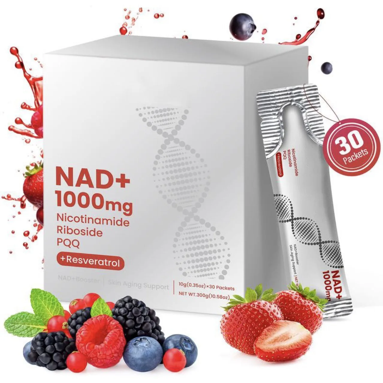 

NAD 1000mg Liquid NAD+ Drink Mix with Nicotinamide Riboside, PQQ & Reseratrol - Berry Flavor, Boosts Energy, Focus & Anti-aging