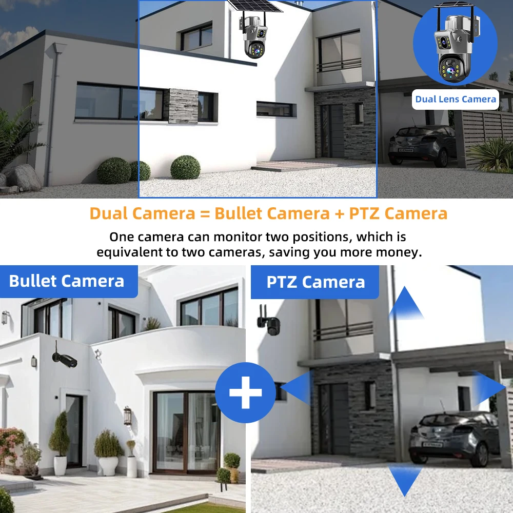 V380 Pro 4K 8MP 2 عدسة 4G WiFi كاميرا تعمل بالطاقة الشمسية في الهواء الطلق PIR للرؤية الليلية IP66 بطارية منخفضة الطاقة CCTV الأمن