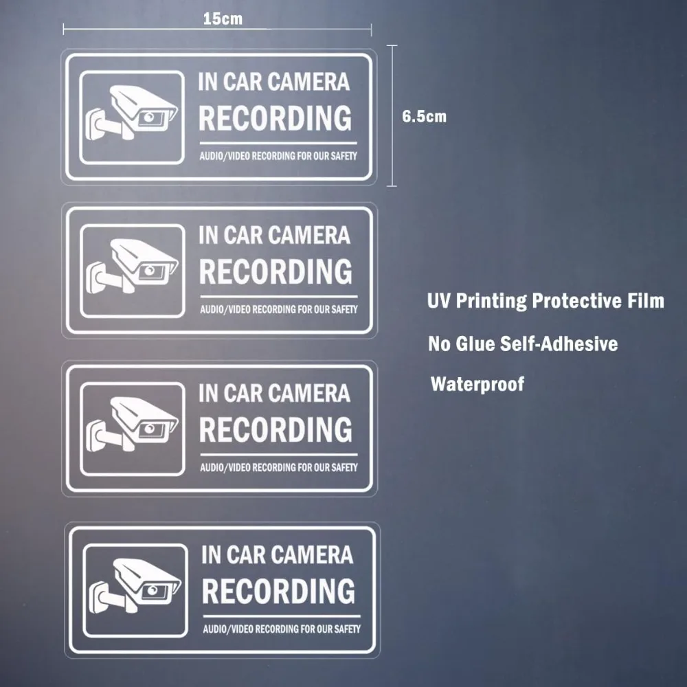 4Pcs In Car Camera Recording Warning Waterproof Removable Vinyl Stickers Safety Alert Decals for Vehicle Window Decor