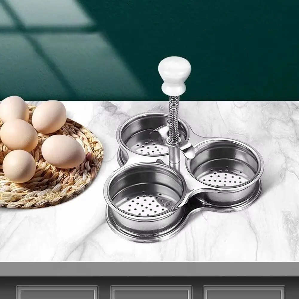 Stainless Steel Poached Egg Maker Non-Stick with Spring Handle Egg Poaching Pan 3 Grids Heat-resistant Eggs Cooker