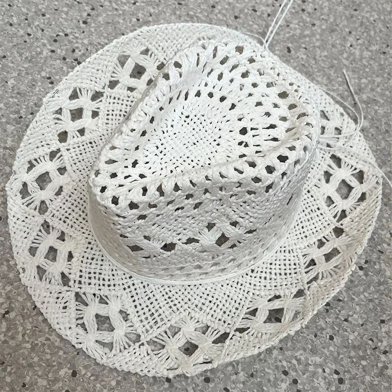 Straw Western Cowboy Hat for Women Men Classic Vintage Hollow Out Unisex Curled Wide Brim Sun Hat Fishing Hat Climbing Cap image 3