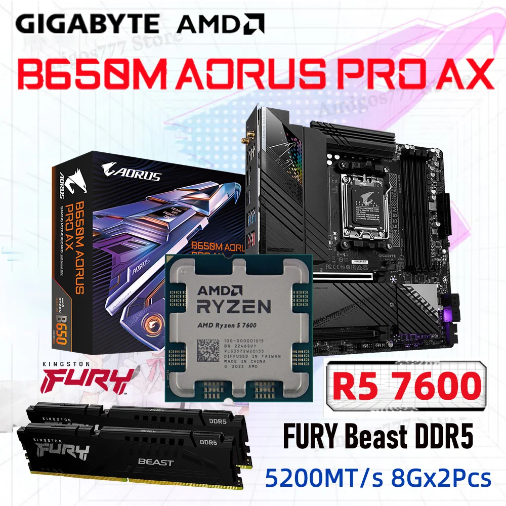 Ryzen Kit AM5 Gigabyte B650M AORUS PRO AX AMD B650 Motherboard Combo DDR5 R5 7600 CPU Kingston DDR5 Memory 16G Ryzen 7000 Series