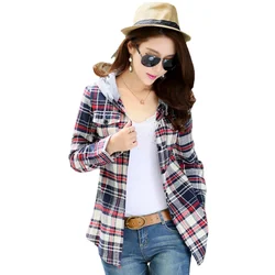 Women Fashion Plaid Hooded Shirt Loose Fit Flannel Shirt Long Sleeve Woman Blouse Shirt Cotton Blusas British Style Womens Tops