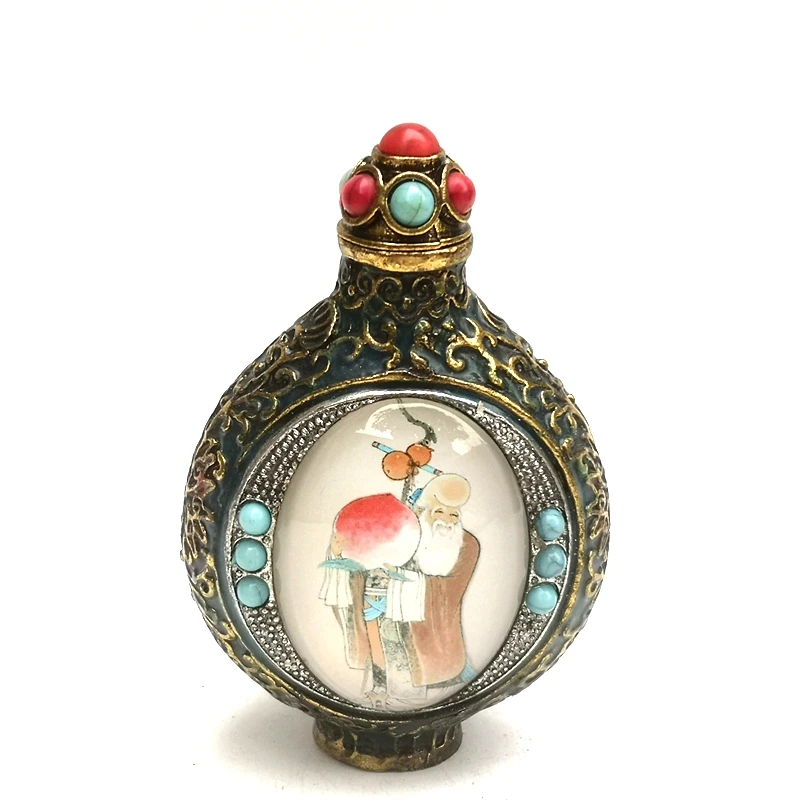 

YIZHU CULTUER ART Size 8 cm Old China Cloisonne Bronze Carving Inlay god of longevity god of wealth painting Snuff bottles