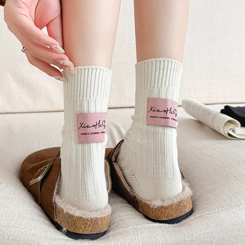 2025 Autumn and Winter Women's Socks Korean Solid Color Black White Gray Long Socks Cloth Label Knitted Cotton Medium Tube Socks