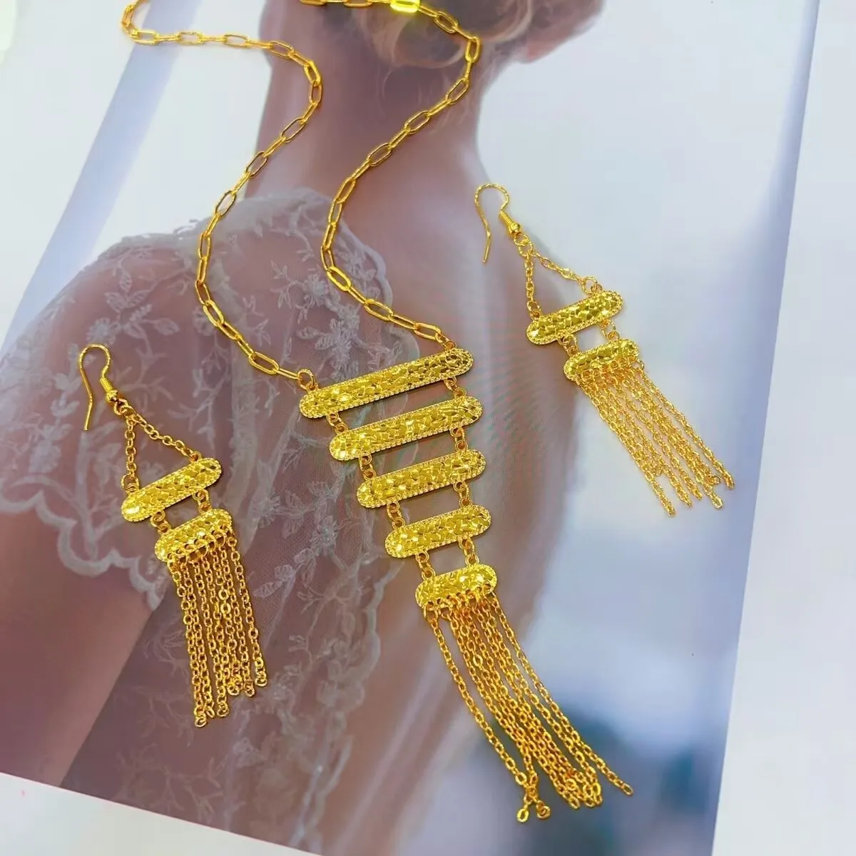 

24K Gold Plated Necklace Earrings for Couples' Wedding Party Gift Jewelry Set YY10643
