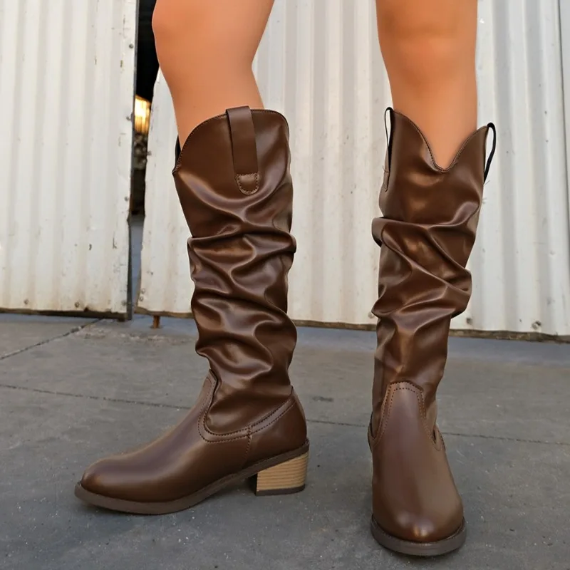 

Модные брендовые дизайнерские новые однотонные женские высокие сапоги из искусственной кожи 2025, сексуальные сапоги до колена с острым носком, уличные элегантные вечерние сапоги