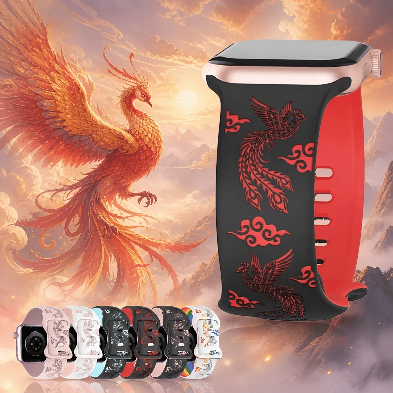 Watch Band for Apple watch 40/41/44/45/42/46/49mm Women's Engraved Auspicious Bird Silicone Strapsmartwatch series11 10 987654