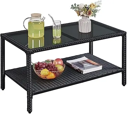 Outdoor Wicker Coffee Side Table with Tempered Glass Top, Black | All-Weather Rattan Patio Storage Furniture for Garden