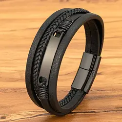 XQSettlement-Bracelet rond en cuir tressé multicouche pour homme, acier inoxydable, accessoires de bijoux, cadeau décontracté, tendance cool