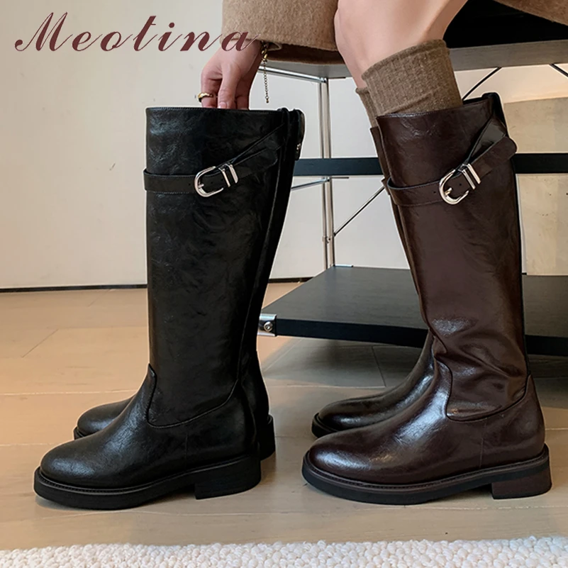 Meotina Women Genuine Leather Knee High Boots Round Toe Thick Mid Heels Buckle Zipper Long Boot Ladies Autumn Winter Shoes Brown