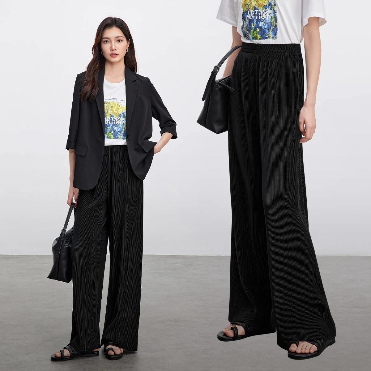 SENTUBILA Urban Simple Commute Pants Women 2025 Autumn Casual Trousers Elastic Waist Pleated Wide Leg Female Pants 151K58967X