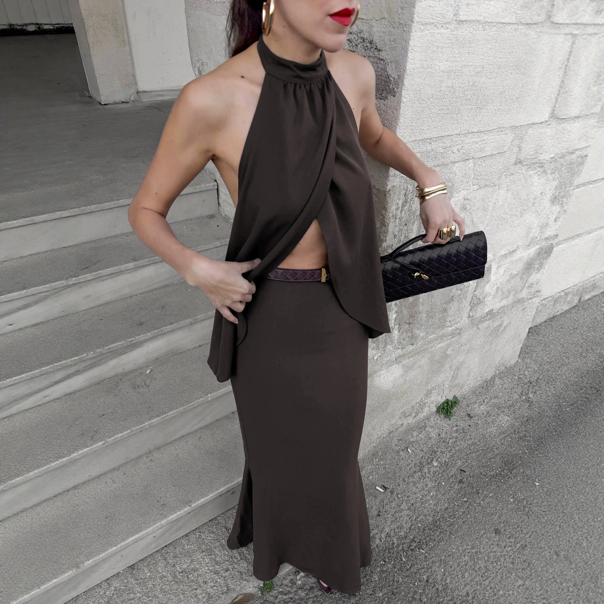 

2026 Summer Women's Dark Brown Two-piece Outfit, Halter Backless Cami Top & Straight Skirt, Casual Fashion Set
