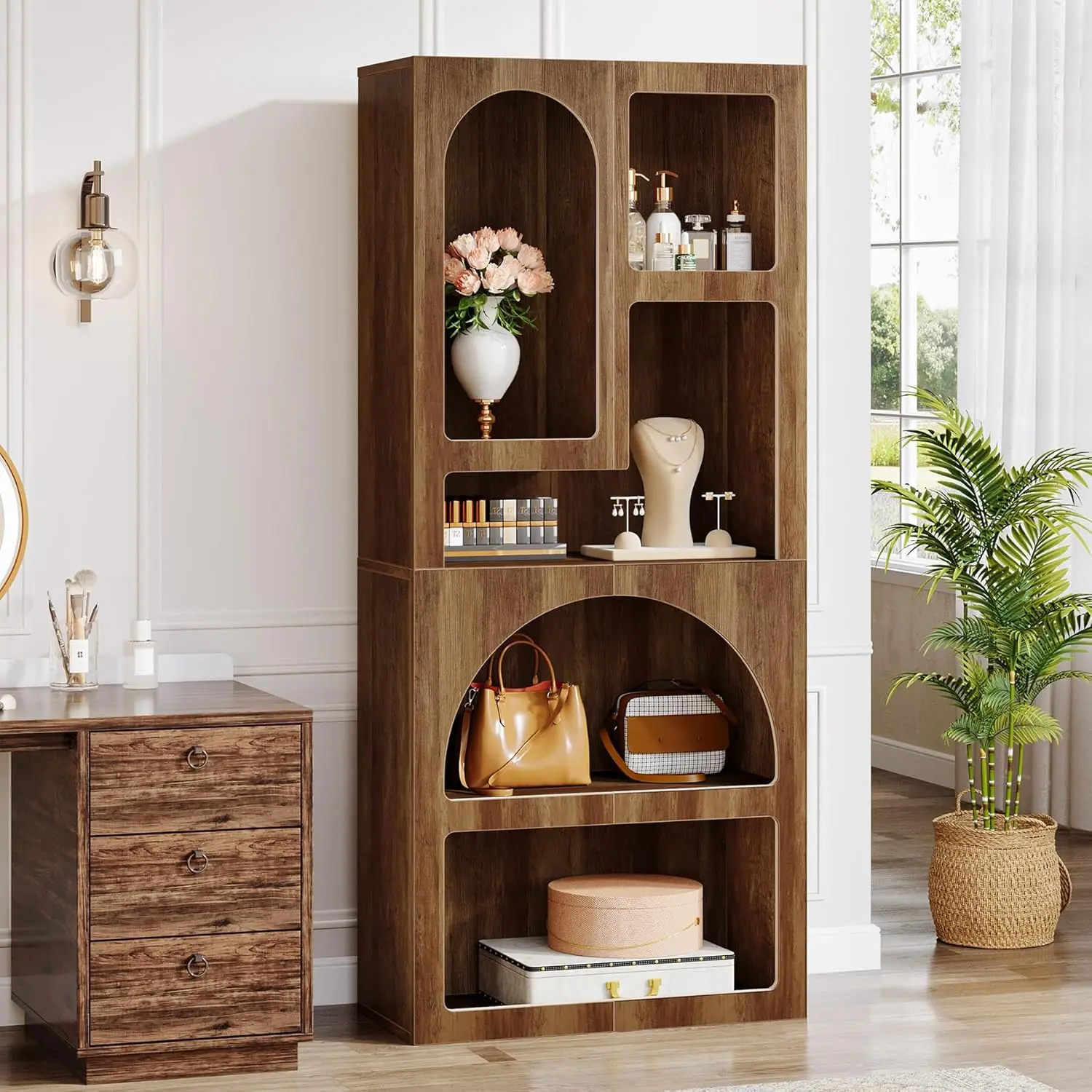 رف كتب هندسي طويل القامة 70.87 بوصة، خزانة كتب بيضاء مقوسة مع 5 أرفف تخزين غير منتظمة، قائم بذاته لغرفة المعيشة وغرفة النوم #5