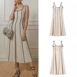 Elegant Patchwork Square Collar Dresses For Women Fashion Female Sleeveless Midi Dress 2024 New Spring Autumn Ladies Vestidoes