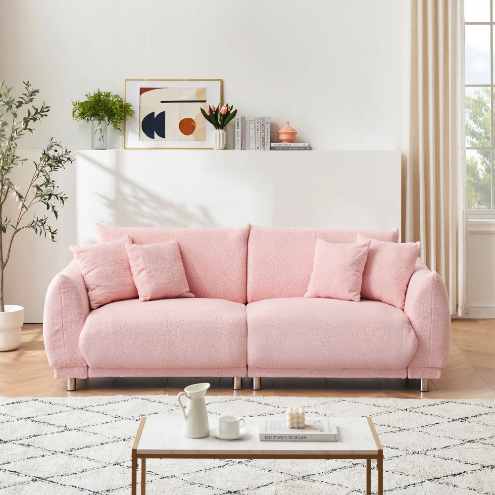 

Fleece pink sofa with four throw pillows and hardware feet can sit comfortably in an apartment bedroom, Living Room Sofas